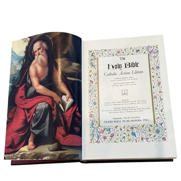 Holy Bible Catholic Action Addition Goodwill Brown Gold MCM 1953 50s Illustrated - Picture 9 of 16